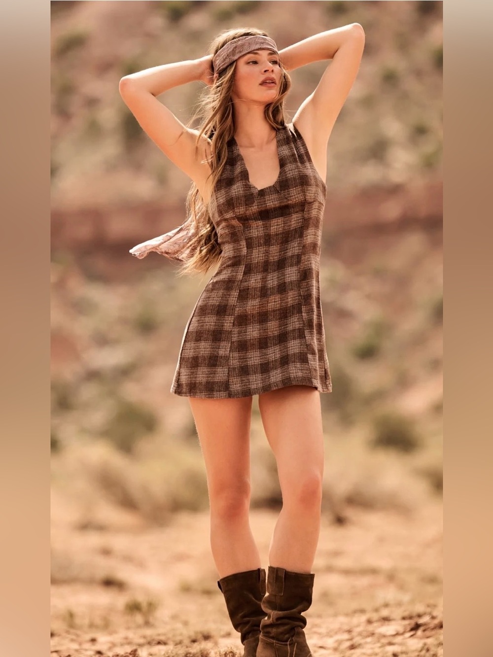 Altar’d State Eren Plaid Wool Mini Dress Brown & Tan NEW cozy Feminine V-Neck